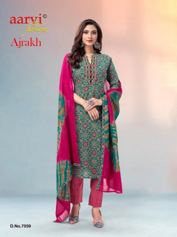 Aarvi Ajrakh Vol-1 Cototn Designer Kurti Pant With Dupatta Collection